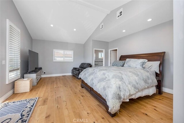 16512 23rd St, Sunset Beach, CA 90742 - bedroom featuring visible vents, recessed lighting, vaulted ceiling, light wood-style flooring, and baseboards