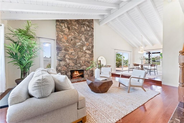 2223 E Vista Mesa Way, Orange, CA 92867 - living room featuring wood finished floors, a fireplace, beam ceiling, high vaulted ceiling, and baseboards