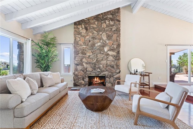 2223 E Vista Mesa Way, Orange, CA 92867 - living room with wood finished floors, high vaulted ceiling, a fireplace, baseboards, and wood ceiling with exposed beams