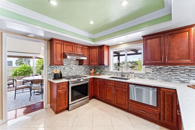 2223 E Vista Mesa Way, Orange, CA 92867 - kitchen featuring appliances with stainless steel finishes, a sink, under cabinet range hood, crown molding, and a tray ceiling