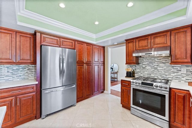 2223 E Vista Mesa Way, Orange, CA 92867 - kitchen featuring stainless steel appliances, under cabinet range hood, light countertops, crown molding, and backsplash