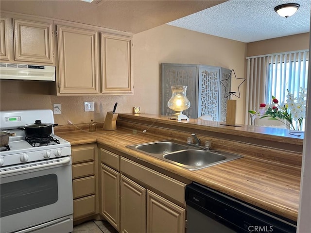 kitchen featuring dishwashing machine, white range with gas stovetop, light countertops, under cabinet range hood, and a sink