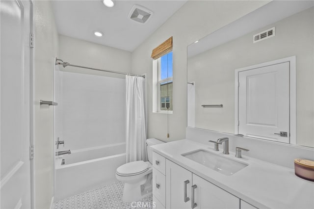 full bathroom with visible vents, tile patterned flooring, toilet, and vanity