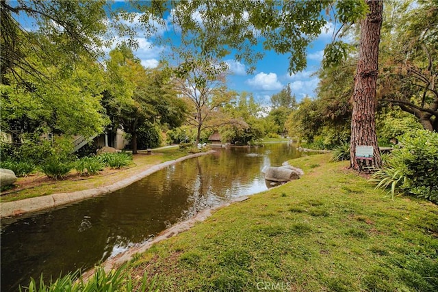 view of home's community with a lawn and a water view