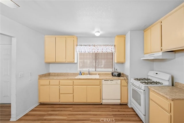 kitchen with a sink, white appliances, light countertops, light wood-style flooring, and under cabinet range hood