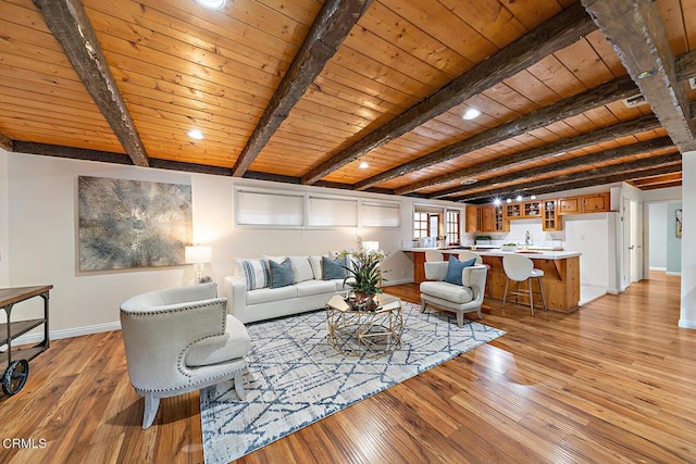living area featuring beamed ceiling, baseboards, recessed lighting, light wood-type flooring, and wooden ceiling