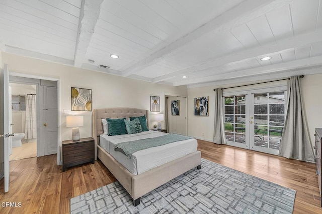 bedroom with access to outside, beam ceiling, french doors, light wood-type flooring, and visible vents