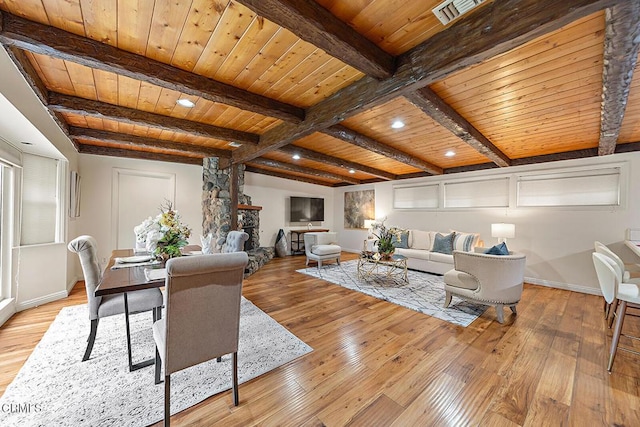living area featuring light wood finished floors, baseboards, wooden ceiling, beamed ceiling, and visible vents