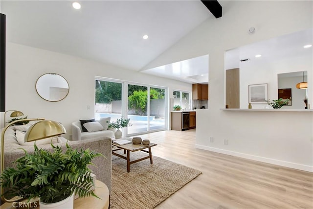 2583 King Way, Claremont, CA 91711 - living area featuring baseboards, light wood finished floors, recessed lighting, and high vaulted ceiling
