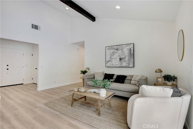 2583 King Way, Claremont, CA 91711 - living room with visible vents, beamed ceiling, light wood-style floors, baseboards, and high vaulted ceiling