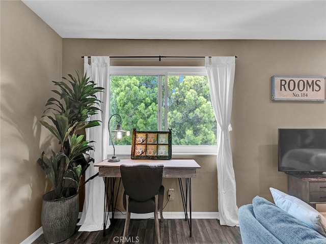 office featuring baseboards and wood finished floors