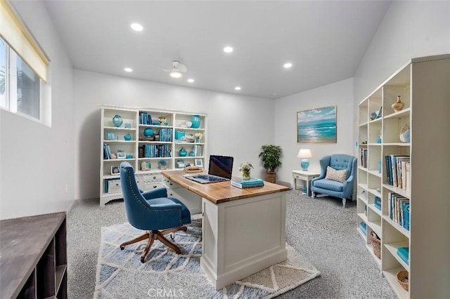 office featuring carpet flooring and recessed lighting
