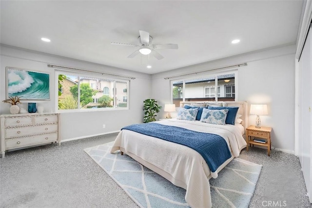 bedroom featuring carpet, baseboards, and recessed lighting