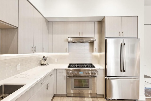 4322 Gentry Ave Unit 104, Studio City, CA 91604 - kitchen with appliances with stainless steel finishes, tasteful backsplash, under cabinet range hood, and light stone counters