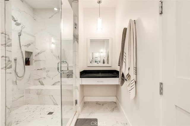 4322 Gentry Ave Unit 104, Studio City, CA 91604 - full bathroom featuring a marble finish shower, baseboards, and marble finish floor