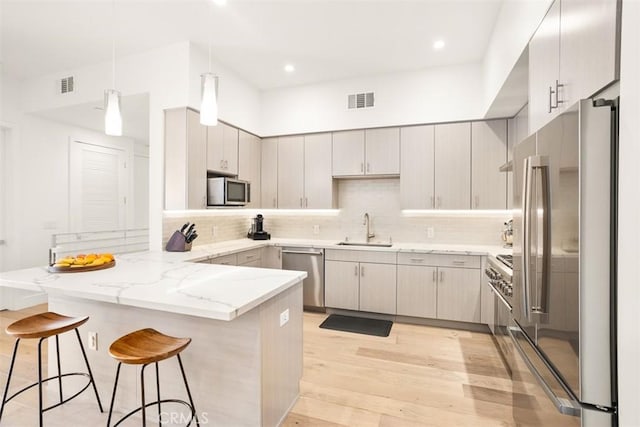 4322 Gentry Ave Unit 104, Studio City, CA 91604 - kitchen with stainless steel appliances, visible vents, a sink, and a peninsula
