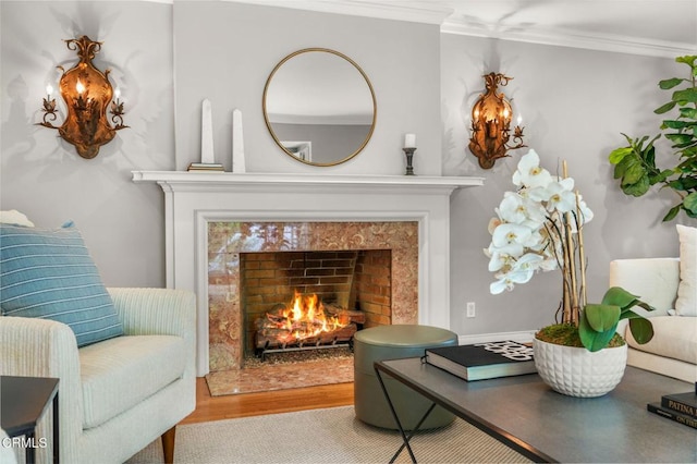 sitting room with ornamental molding, wood finished floors, and a premium fireplace