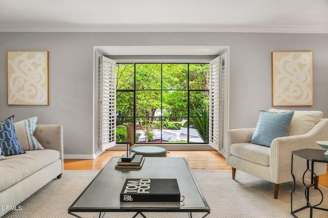 living room featuring baseboards, ornamental molding, and wood finished floors