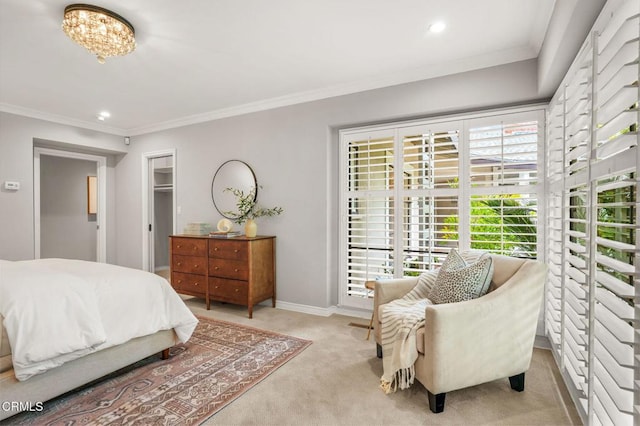 carpeted bedroom featuring crown molding, recessed lighting, baseboards, and a chandelier