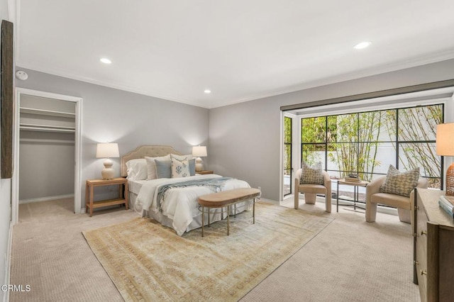bedroom featuring crown molding, recessed lighting, and light carpet