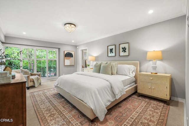 carpeted bedroom with crown molding, recessed lighting, and baseboards