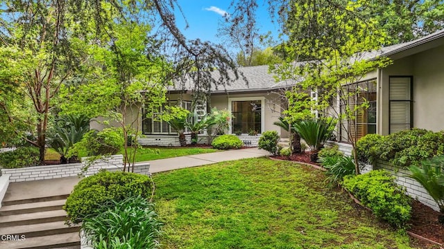 view of front of property with a front yard and stucco siding