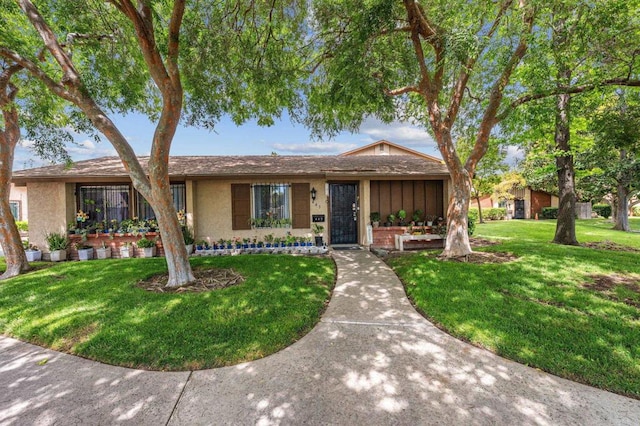 ranch-style house featuring stucco siding and a front yard