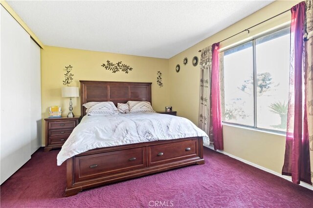 bedroom with baseboards and dark colored carpet