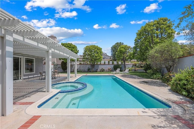 view of swimming pool featuring a fenced backyard, a pergola, a pool with connected hot tub, and a patio