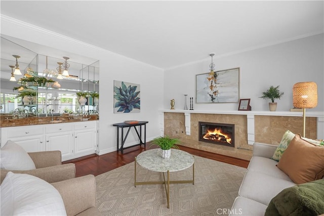 living area featuring baseboards, ornamental molding, wood finished floors, and a premium fireplace