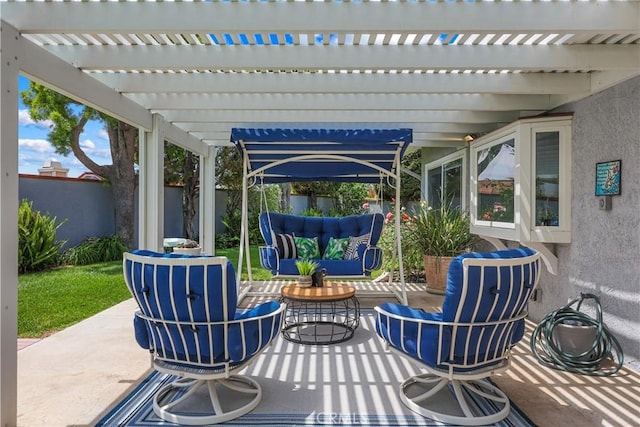 view of patio / terrace featuring a pergola, an outdoor living space, and a fenced backyard