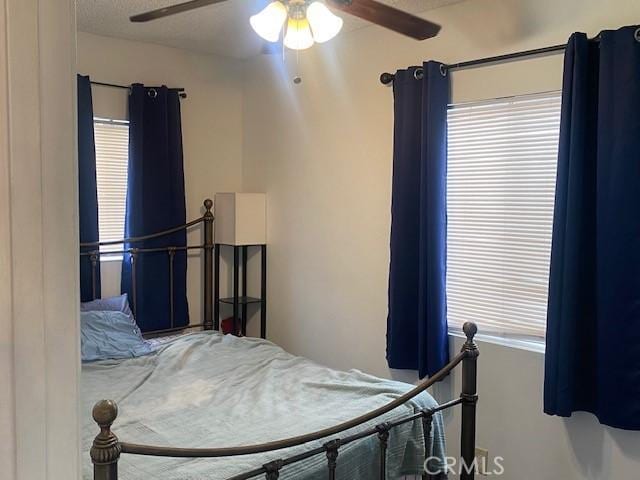 bedroom with ceiling fan and multiple windows