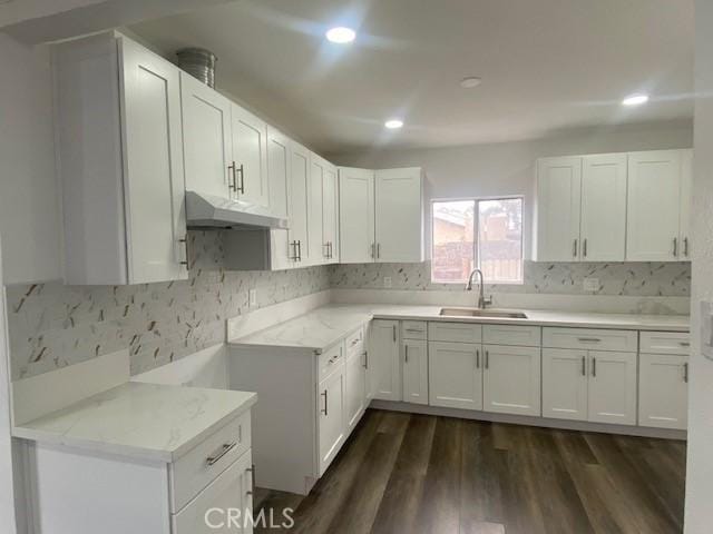 kitchen with a sink, white cabinets, backsplash, and under cabinet range hood