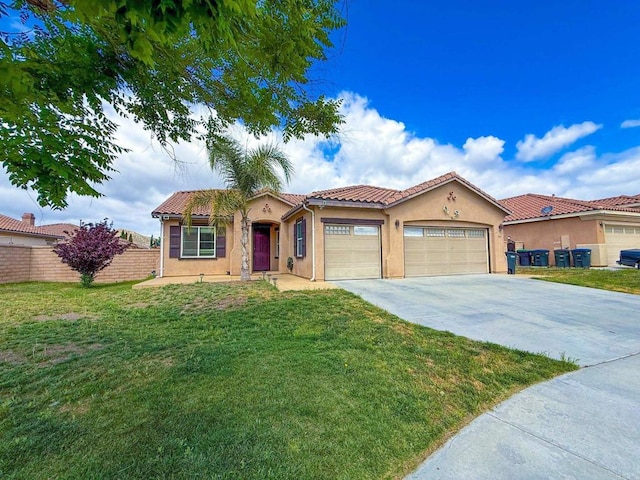 view of front of property with a garage, fence, a front yard, stucco siding, and driveway