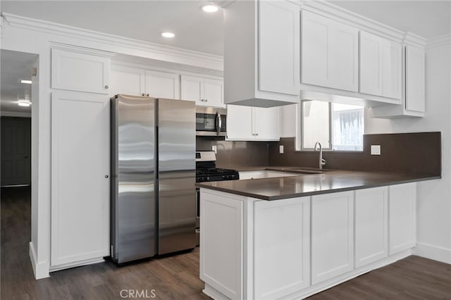 kitchen featuring a peninsula, stainless steel appliances, dark wood-style floors, and white cabinetry
