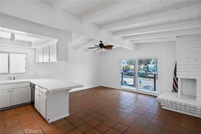 207 28th St, Newport Beach, CA 92663 - kitchen featuring tile counters, a sink, a peninsula, white cabinets, and tile patterned flooring
