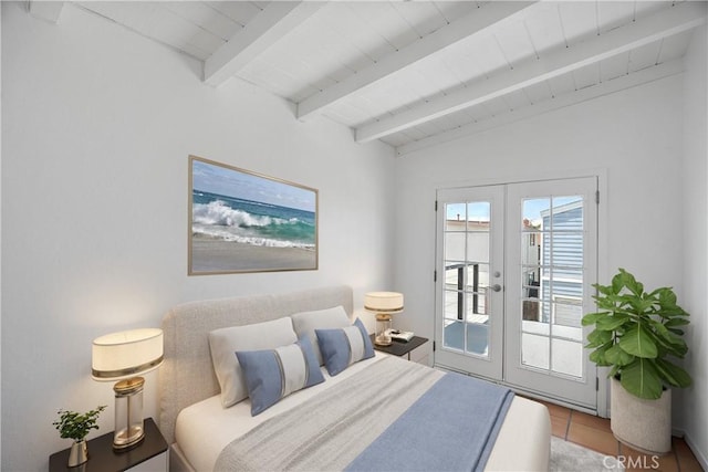 207 28th St, Newport Beach, CA 92663 - tiled bedroom featuring french doors, wood ceiling, and access to outside