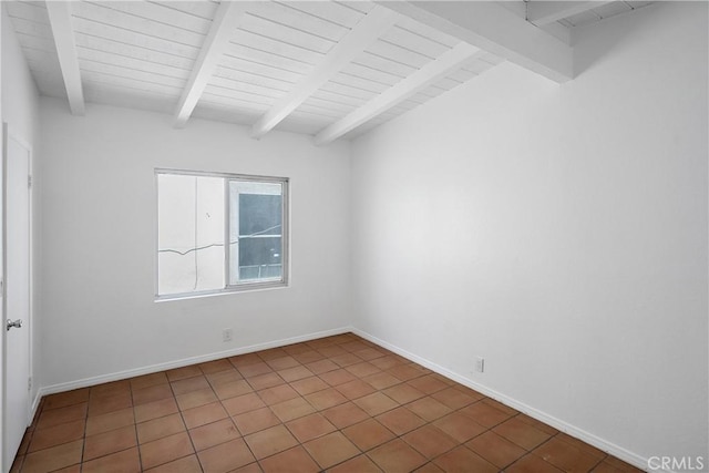 207 28th St, Newport Beach, CA 92663 - unfurnished room featuring beamed ceiling, baseboards, tile patterned flooring, and wooden ceiling