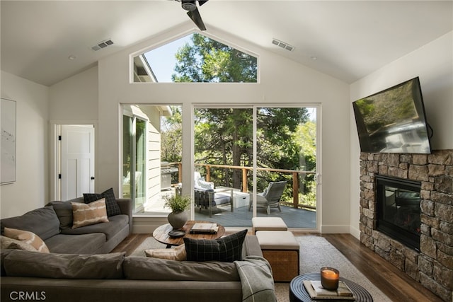 388 Primrose Cir, Lake Arrowhead, CA 92352 - living area featuring visible vents, a ceiling fan, wood finished floors, and a stone fireplace