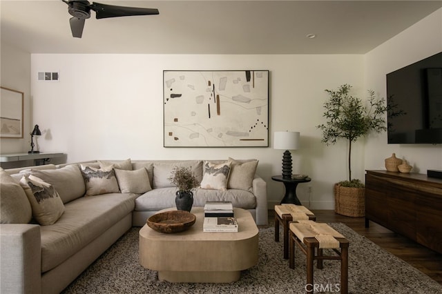 388 Primrose Cir, Lake Arrowhead, CA 92352 - living area with visible vents, a ceiling fan, baseboards, and wood finished floors