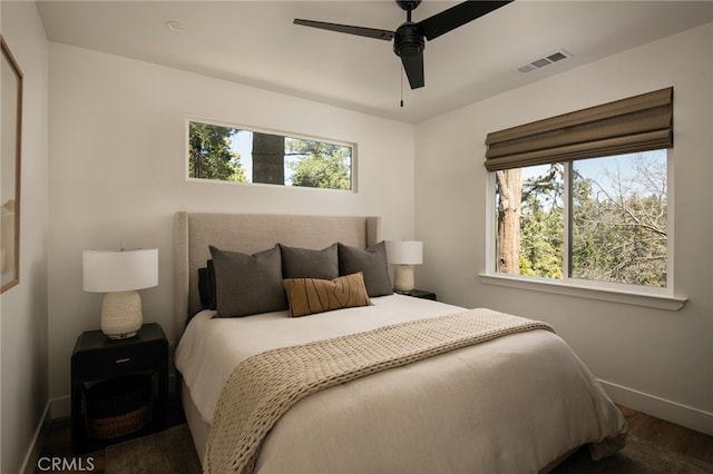 388 Primrose Cir, Lake Arrowhead, CA 92352 - bedroom featuring a ceiling fan, baseboards, visible vents, and dark wood-style floors