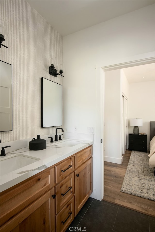 388 Primrose Cir, Lake Arrowhead, CA 92352 - full bath with double vanity, baseboards, a sink, and tile patterned flooring
