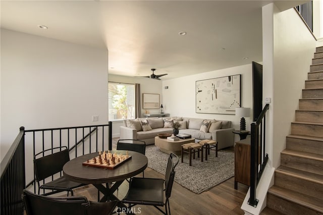 388 Primrose Cir, Lake Arrowhead, CA 92352 - living area featuring stairway, ceiling fan, and dark wood-type flooring