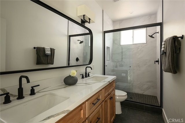 388 Primrose Cir, Lake Arrowhead, CA 92352 - full bathroom featuring double vanity, a sink, tile patterned flooring, and a shower stall