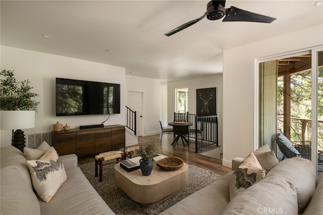 388 Primrose Cir, Lake Arrowhead, CA 92352 - living area with ceiling fan, recessed lighting, baseboards, wood finished floors, and visible vents