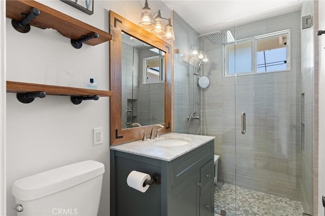 full bath with vanity, toilet, and a shower stall