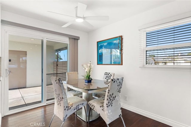 dining area featuring baseboards, ceiling fan, and wood finished floors