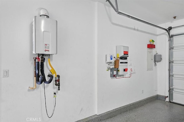 garage featuring tankless water heater