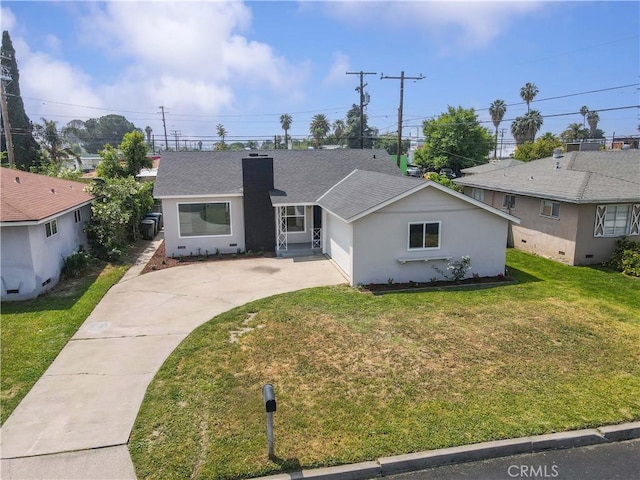 1233 Oakhurst Dr, San Bernardino, CA 92404 - ranch-style house featuring concrete driveway, a front lawn, a garage, roof with shingles, and a chimney
