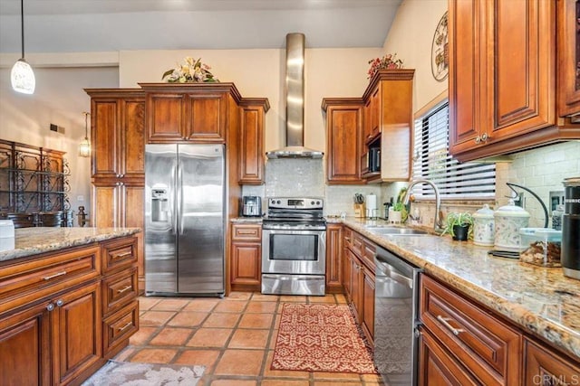 1315 Hermana Ct, Vista, CA 92084 - kitchen with appliances with stainless steel finishes, a sink, wall chimney range hood, decorative backsplash, and brown cabinets